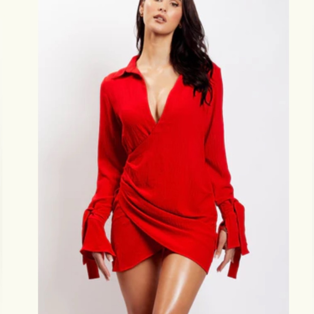 Meshki Red Wrap Mini Shirt Dress.

Worn once. No stains, great quality.